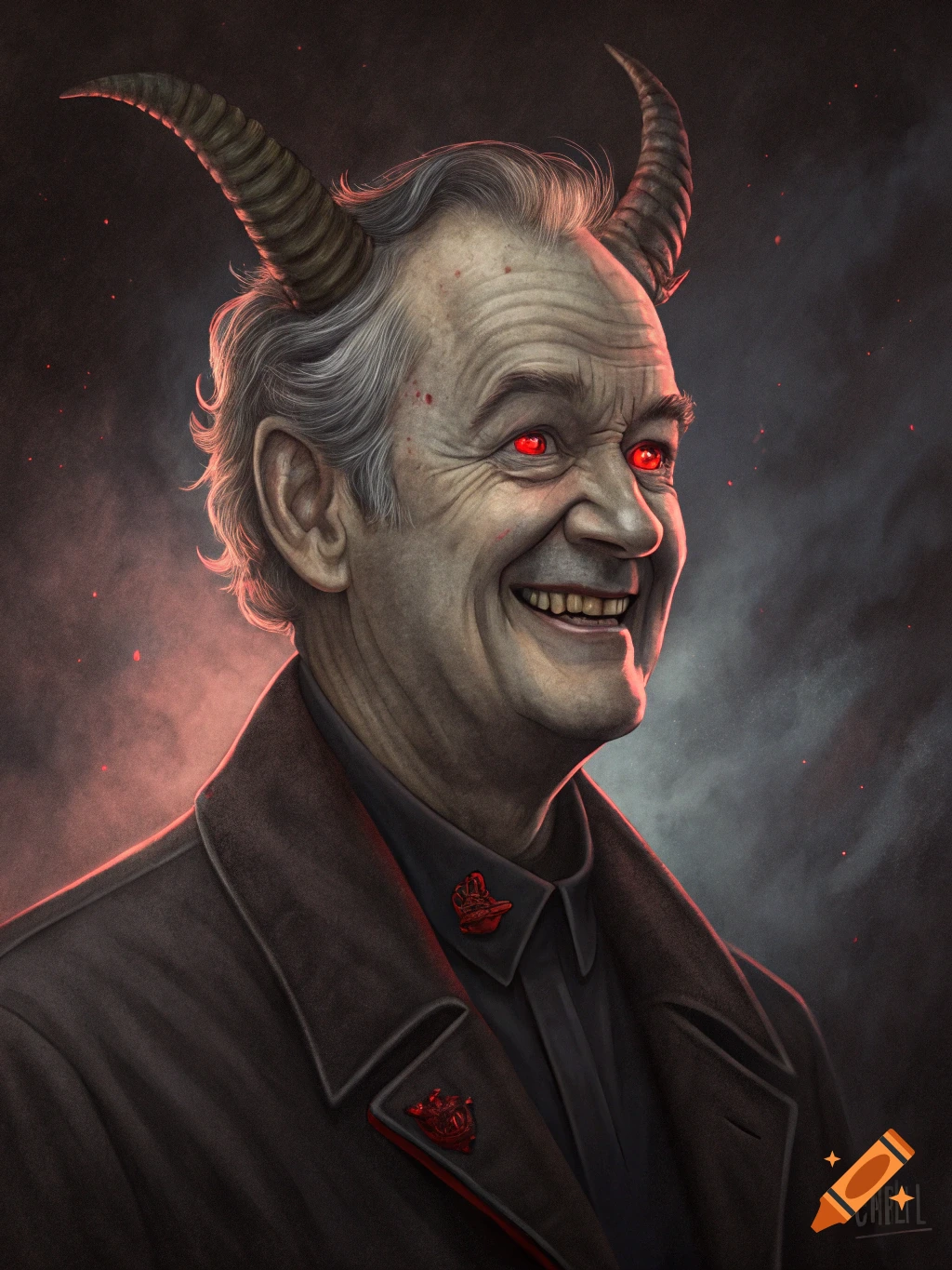 A portrait of Bill Murray as a demon, featuring horns, glowing red eyes, and a wide smile.