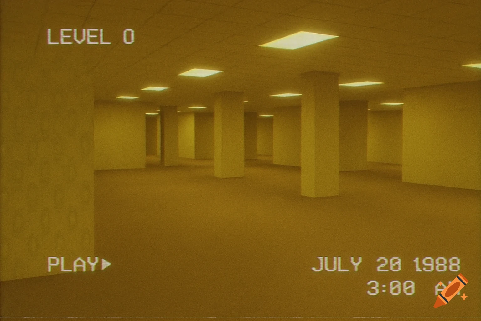 An empty, yellow-tinted room with many pillars and fluorescent lights, resembling a VHS recording with an on-screen display of 'LEVEL 0', 'PLAY', and 'JULY 20 1988 3:00 AM'.