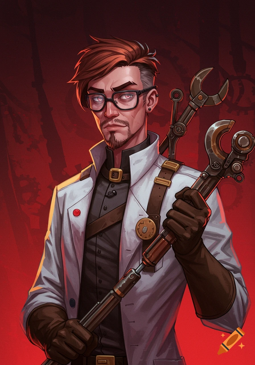 An illustration of a man with red hair, glasses, and a goatee, wearing a white lab coat and brown straps, holding large steampunk-style wrenches against a red background.