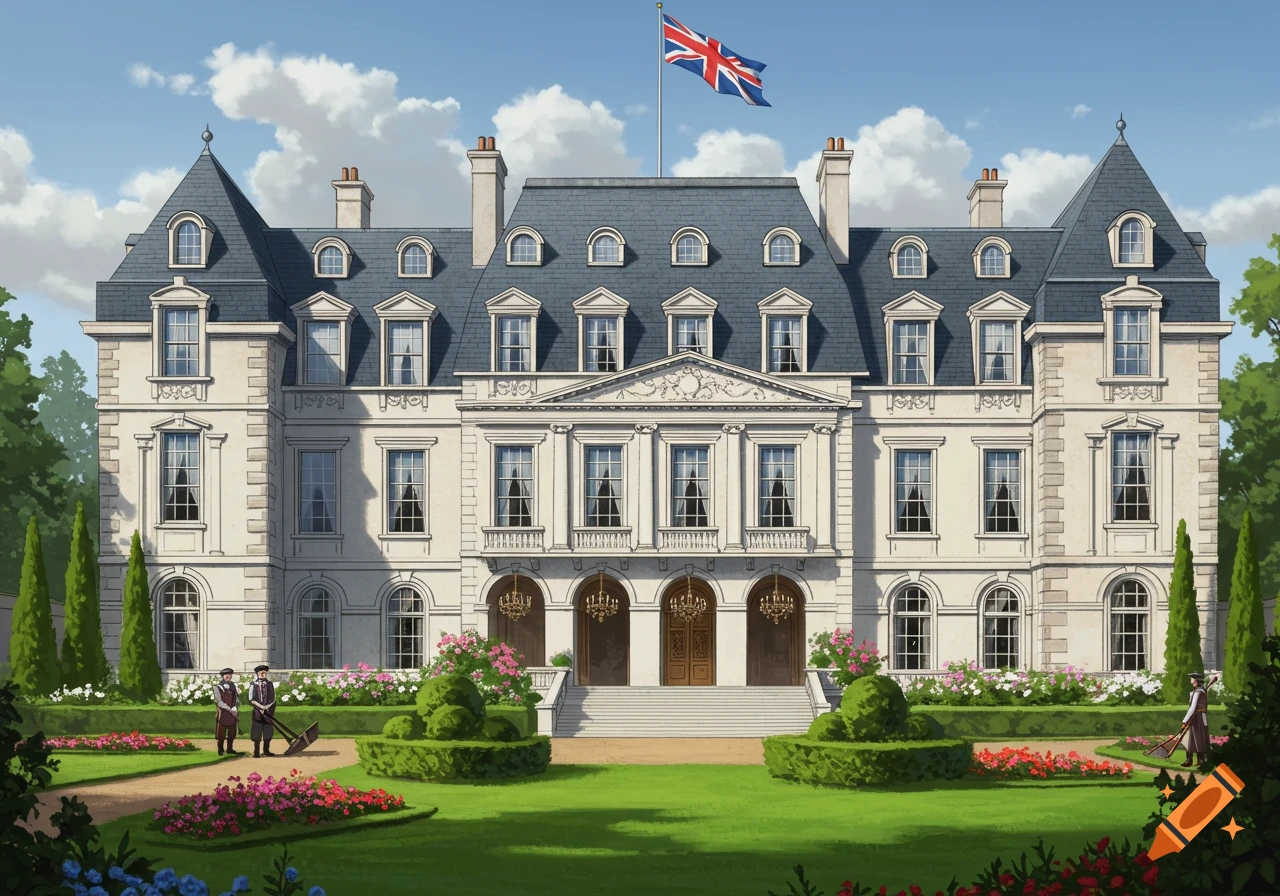 A detailed illustration of a grand European palace with a Union Jack flag, set in a lush, manicured garden with gardeners.