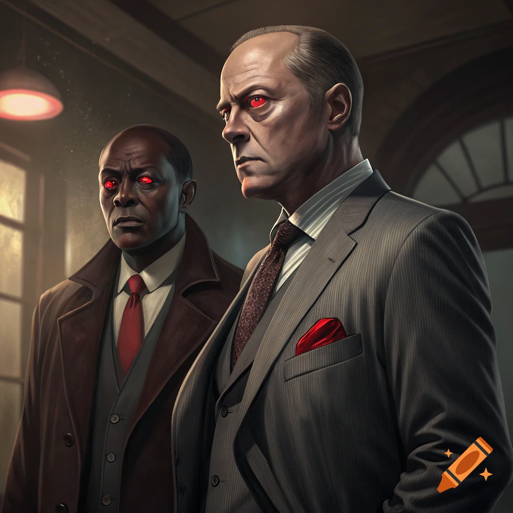 Two men in suits with glowing red eyes stand in a dimly lit room, photorealistic style.