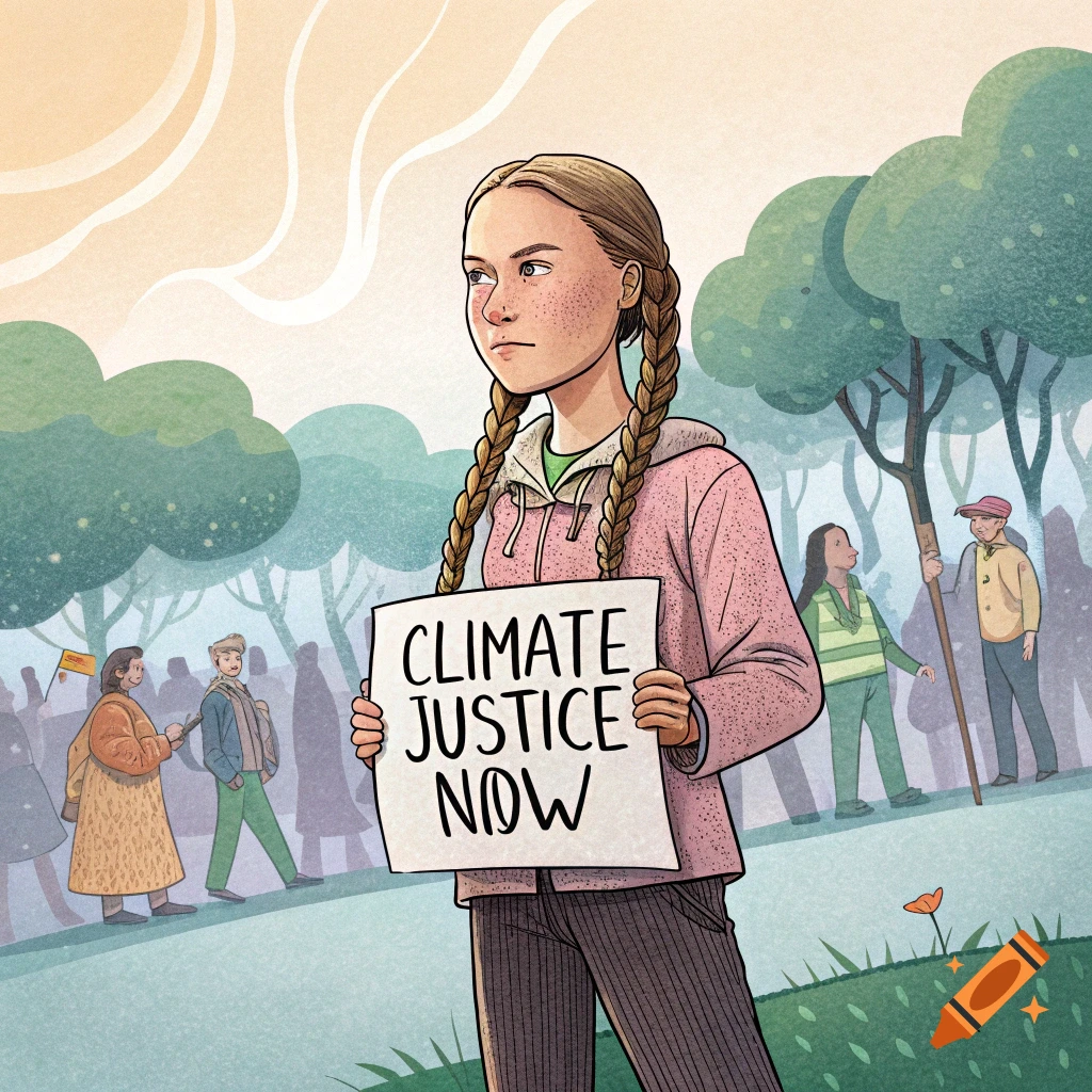 Cartoon illustration of Greta Thunberg holding a 'CLIMATE JUSTICE NOW' sign at a protest.