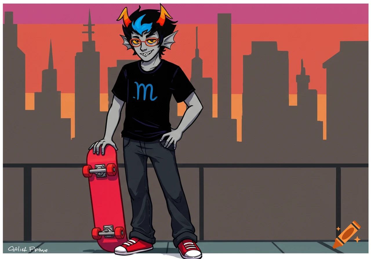 An anime-style character with gray skin, black hair, blue and orange horns, and red glasses holds a red skateboard against a city skyline at sunset.