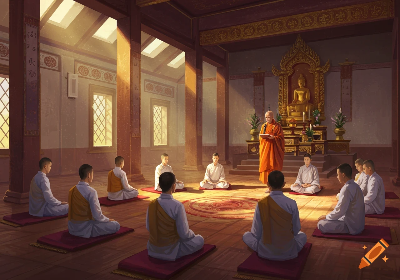 A monk preaches to several young monks meditating on mats in a sunlit Buddhist temple.