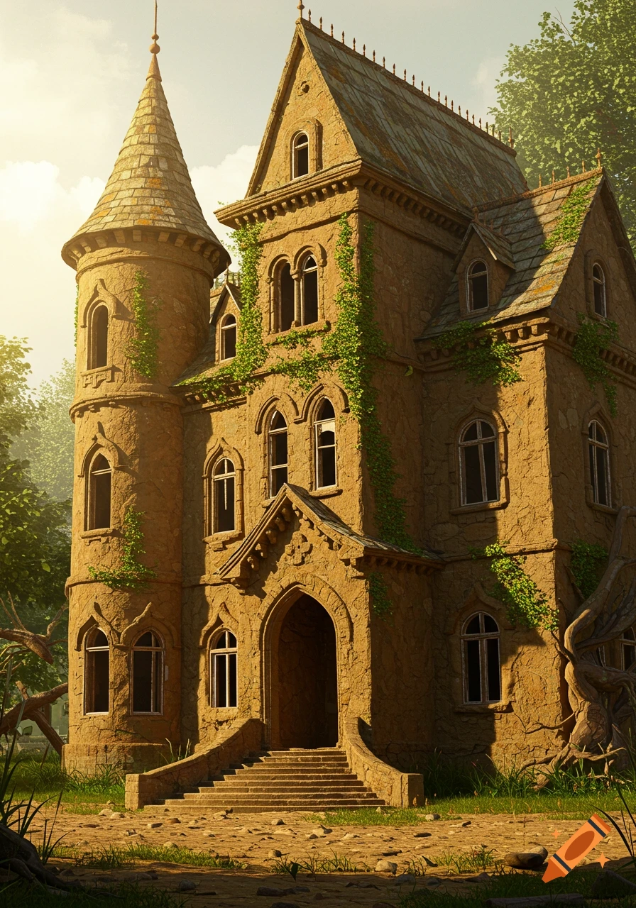 A tall, old stone mansion with a conical tower and arched windows, covered in green vines, under a bright sky.