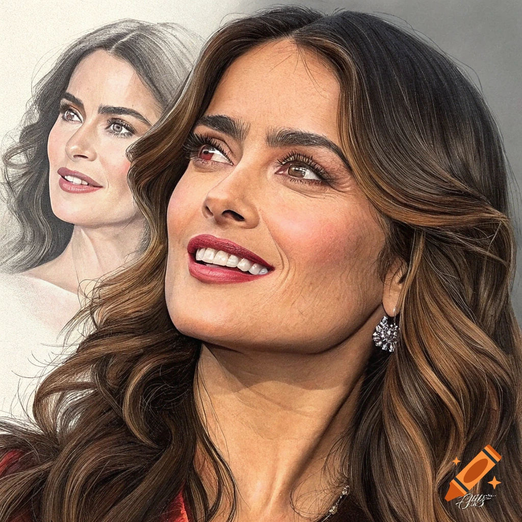 Close-up portrait of Salma Hayek smiling and looking up, with a faded, lighter sketch of her in the background.
