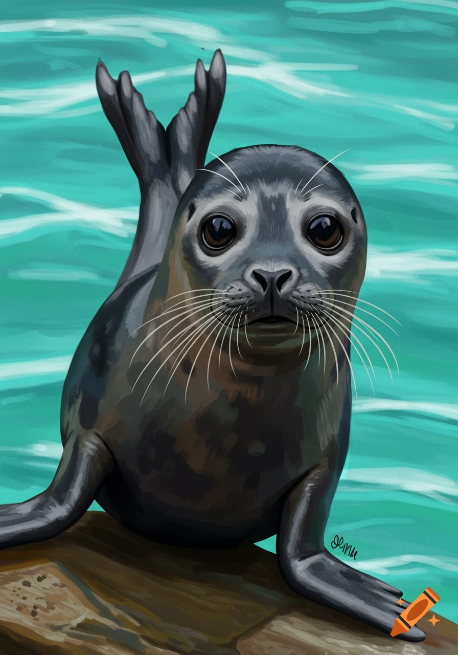 A cute seal with big eyes and whiskers peeks out of bright blue-green water, its tail raised, in a painterly style.