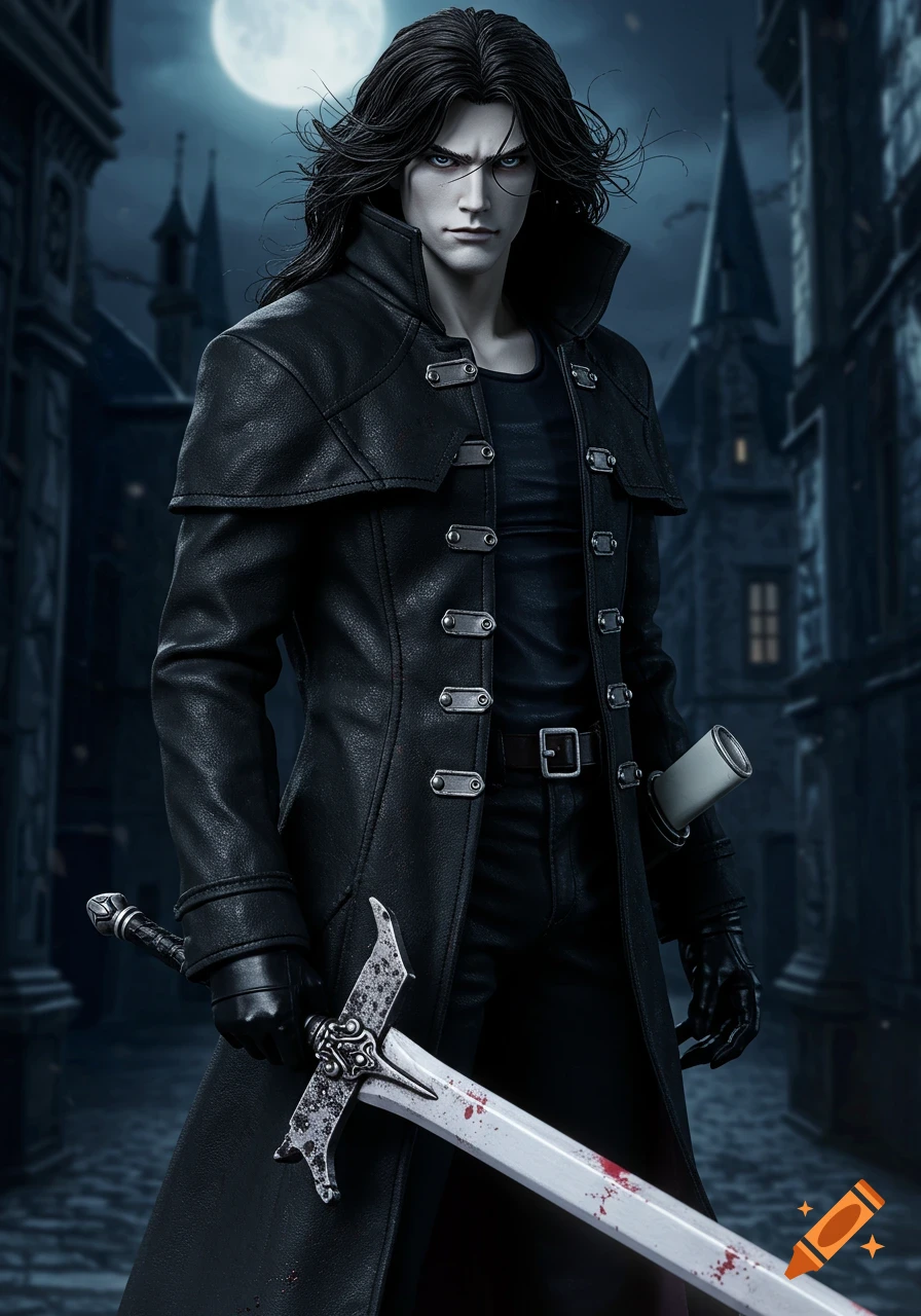 A photorealistic male character with long black hair and a black coat holds a blood-splattered sword in a gothic street under a full moon.
