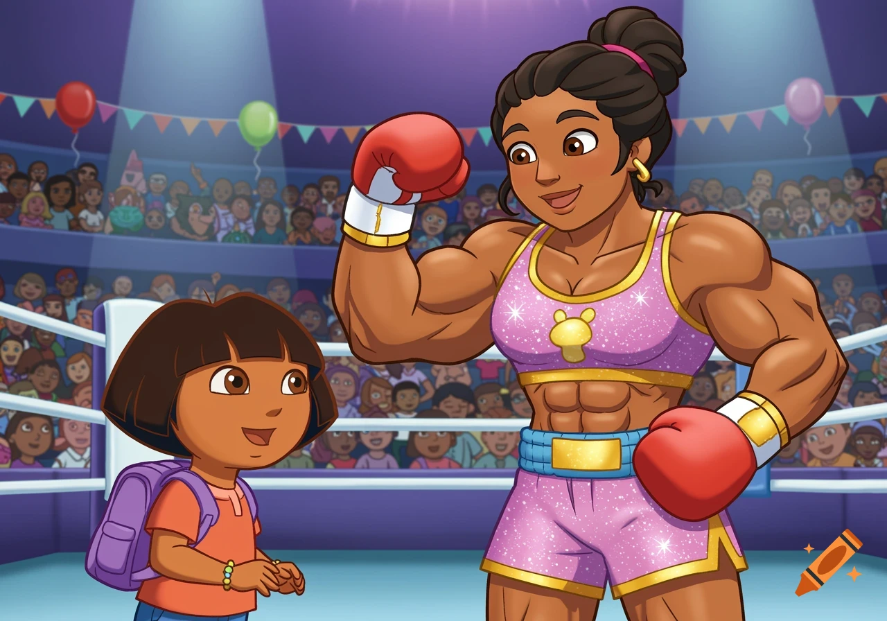 Cartoon of Dora the Explorer looking up at a muscular female boxer flexing in a boxing ring.