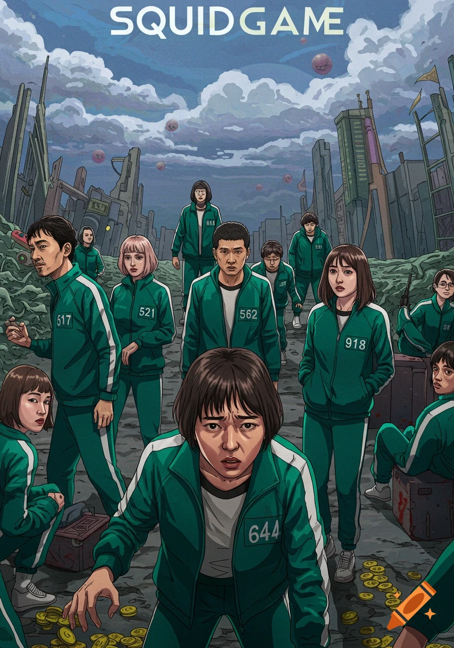 Comic art illustration of a large group of characters in green tracksuits with numbers standing in a ruined city under a cloudy sky.
