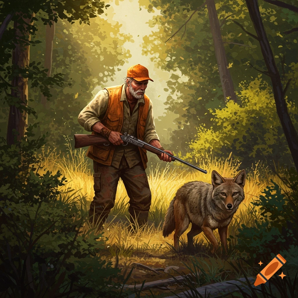 An illustration of a hunter with a rifle standing in a sunlit forest with a coyote.
