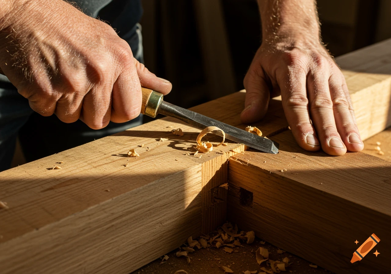 Close-up of a person's hands using a chisel to cut a tenon joint in a wooden beam, with wood shavings scattered around.