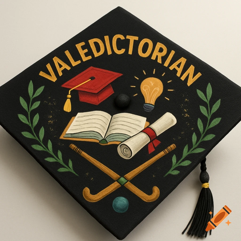 A black graduation cap with "VALEDICTORIAN" in yellow, adorned with academic symbols and crossed field hockey sticks.