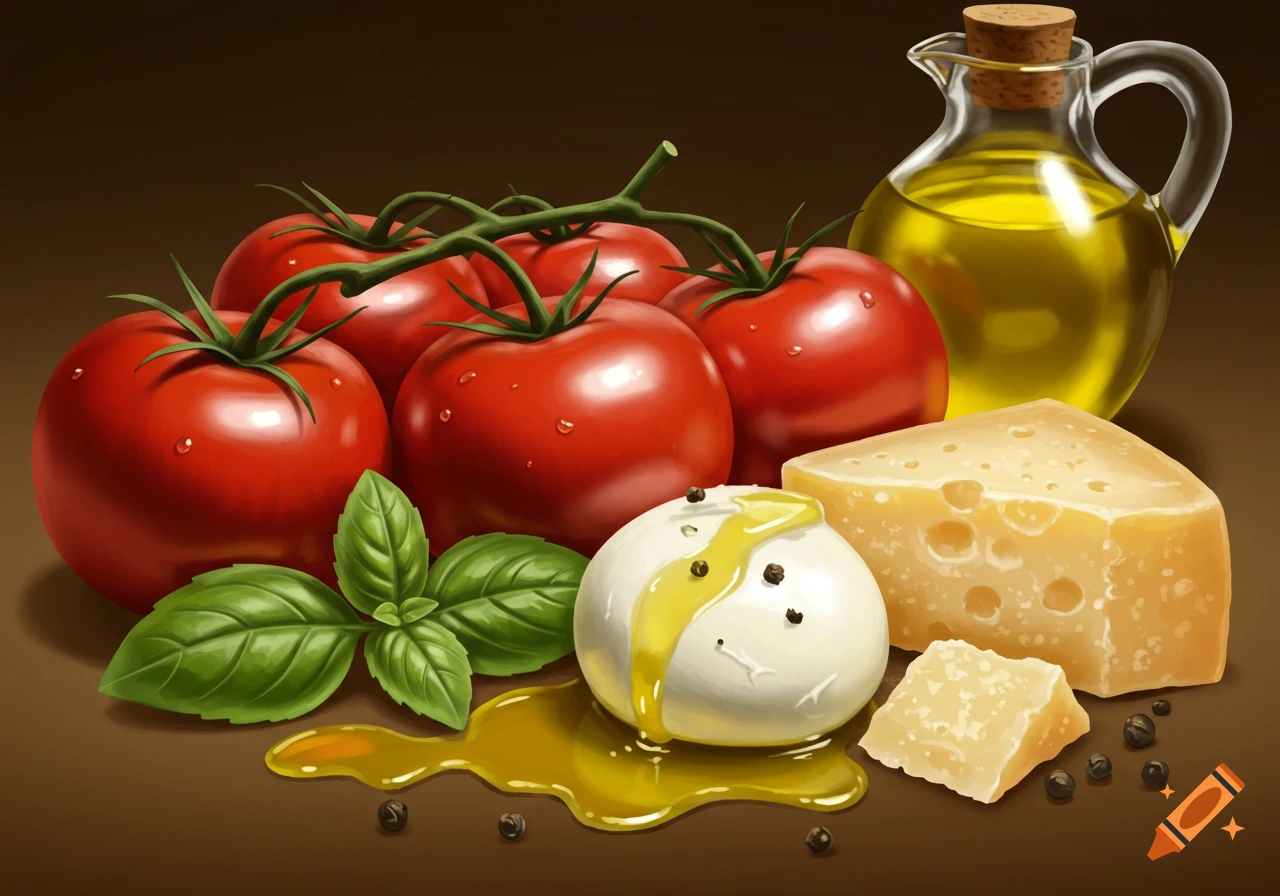 A still life featuring fresh red tomatoes, green basil leaves, a ball of burrata with olive oil, a wedge of cheese, and an olive oil pitcher.