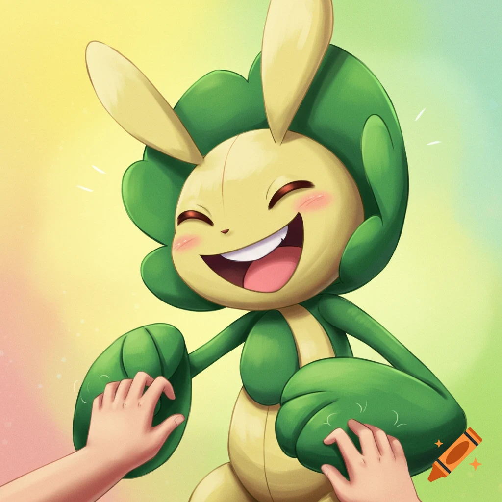 A happy yellow and green Pokemon, Leavanny, is tickled by two