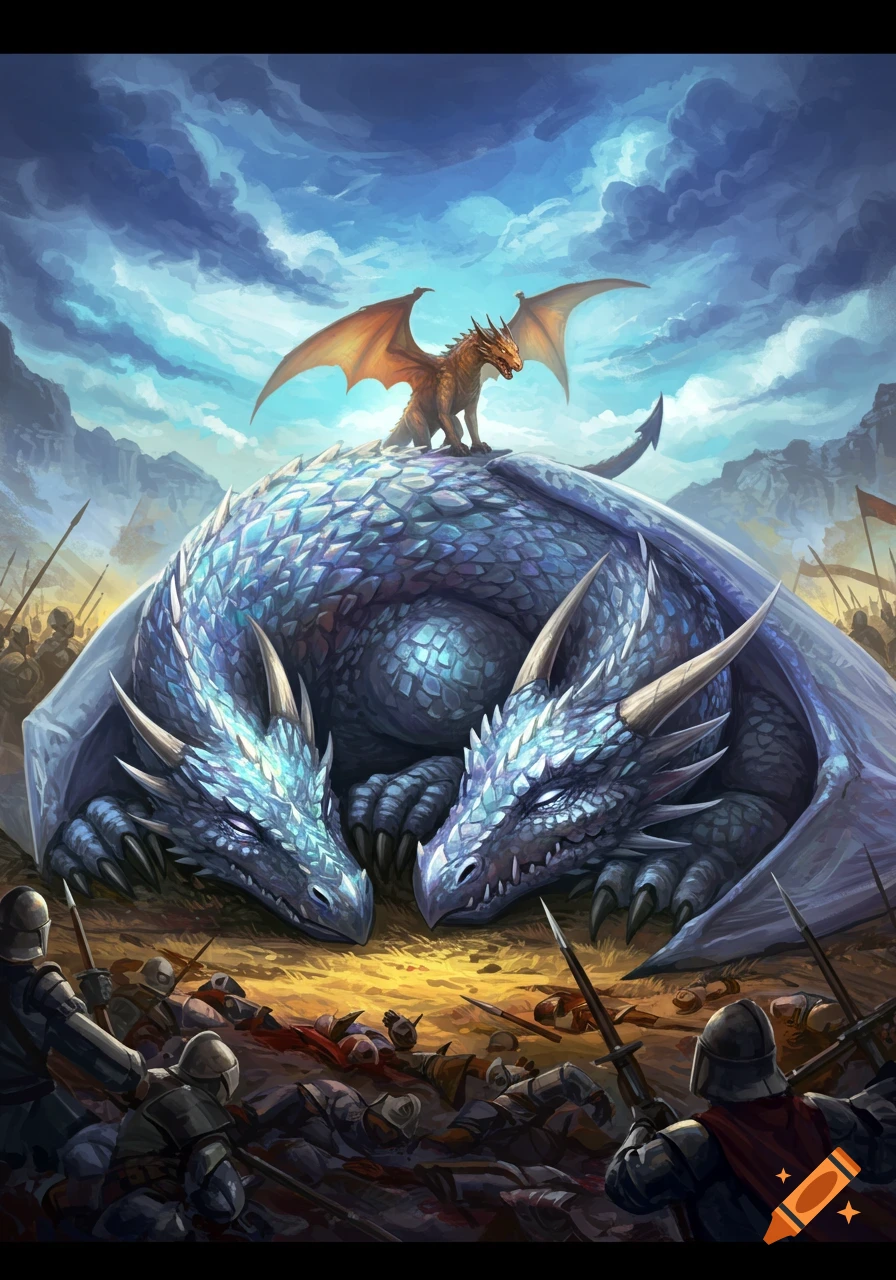 Two large blue dragons lie defeated amidst fallen soldiers while a smaller orange dragon stands triumphantly on their back under a dramatic sky.