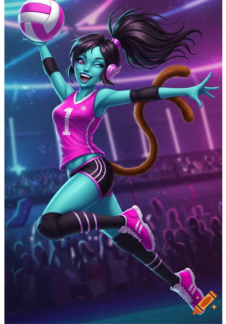 Stylized illustration of a teal-skinned alien female volleyball player with a monkey tail, wearing a pink and black uniform, jumping to hit a ball in a vibrant stadium.