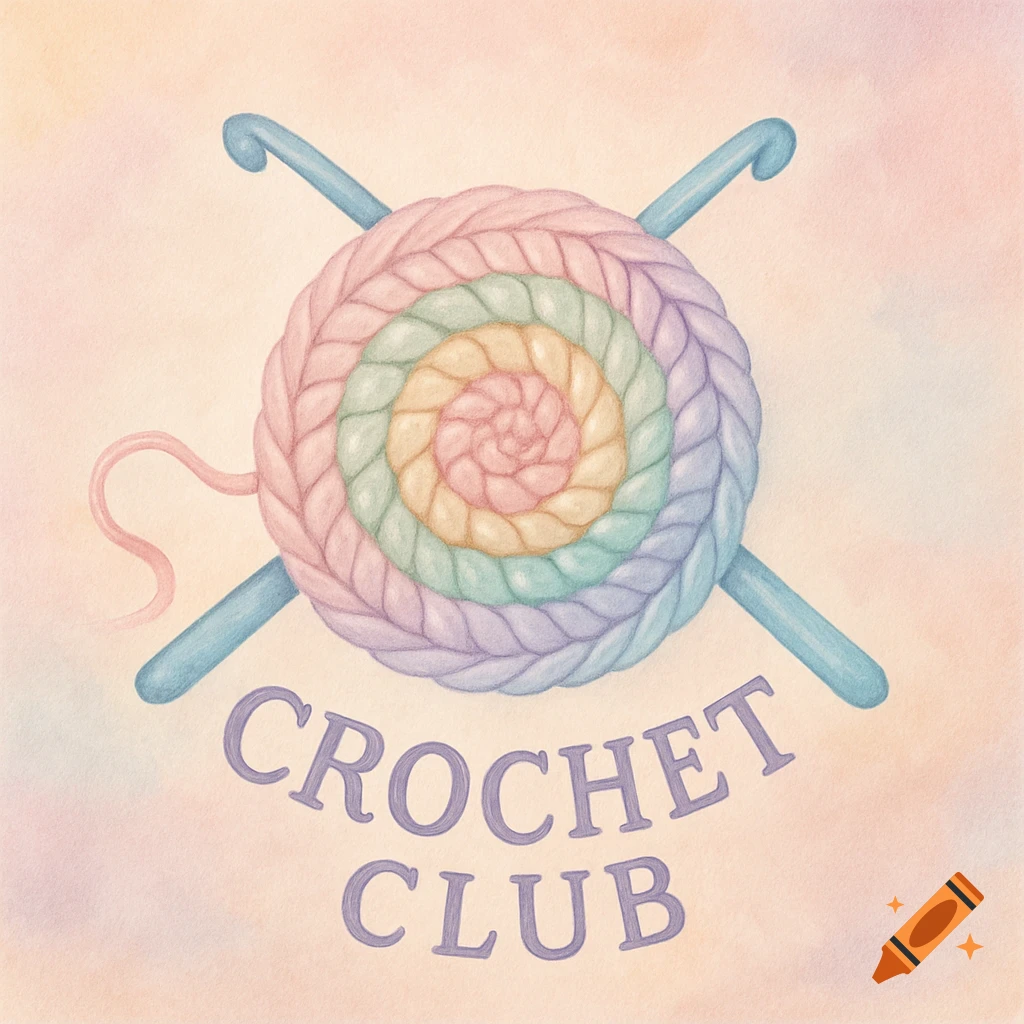 A pastel watercolor crochet logo with a spiral yarn ball, crossed hooks, and 'CROCHET CLUB' text.
