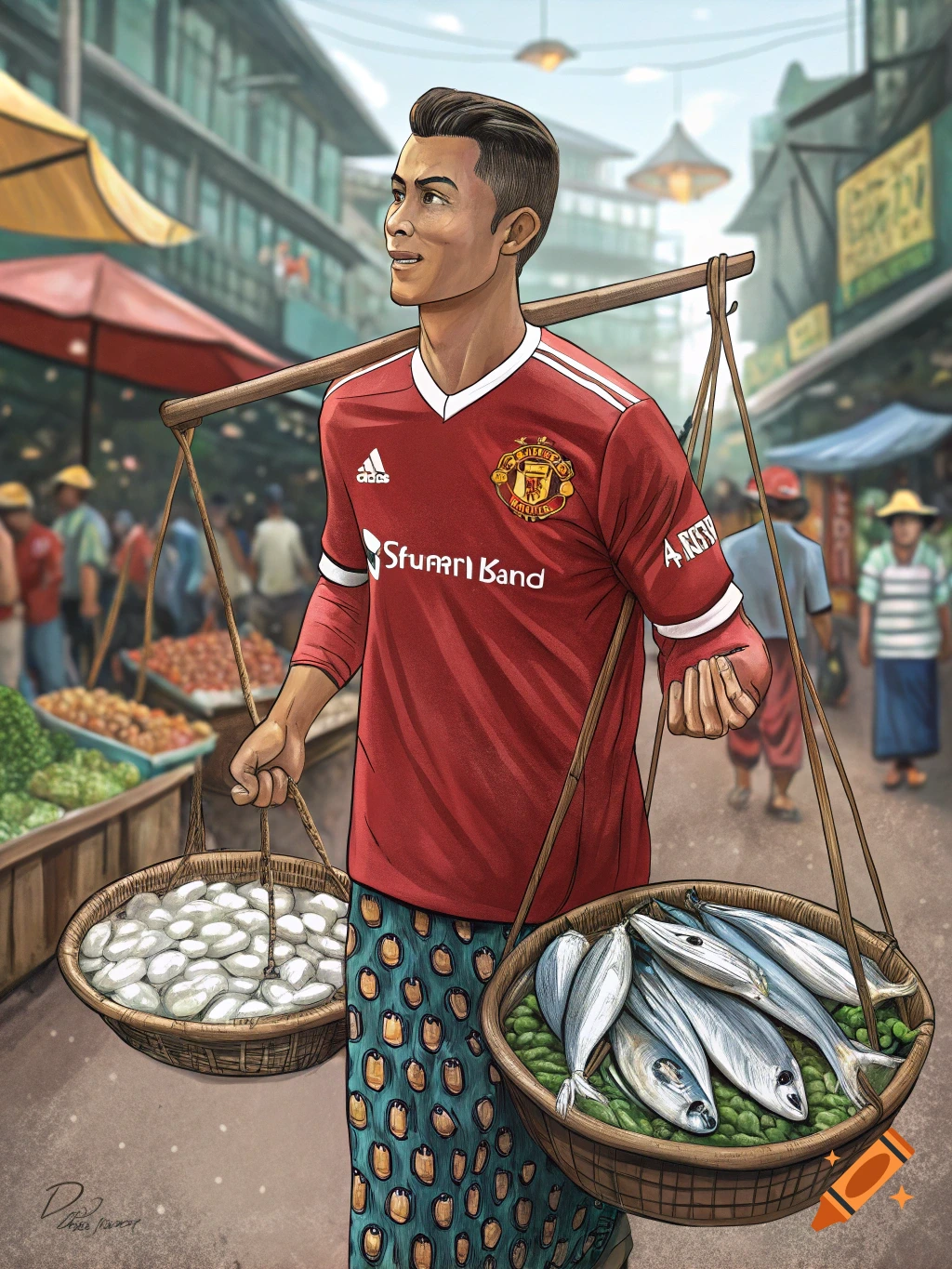 An illustrated Cristiano Ronaldo in a Manchester United jersey and a Burmese longyi, carrying baskets of fish and produce in a bustling market.