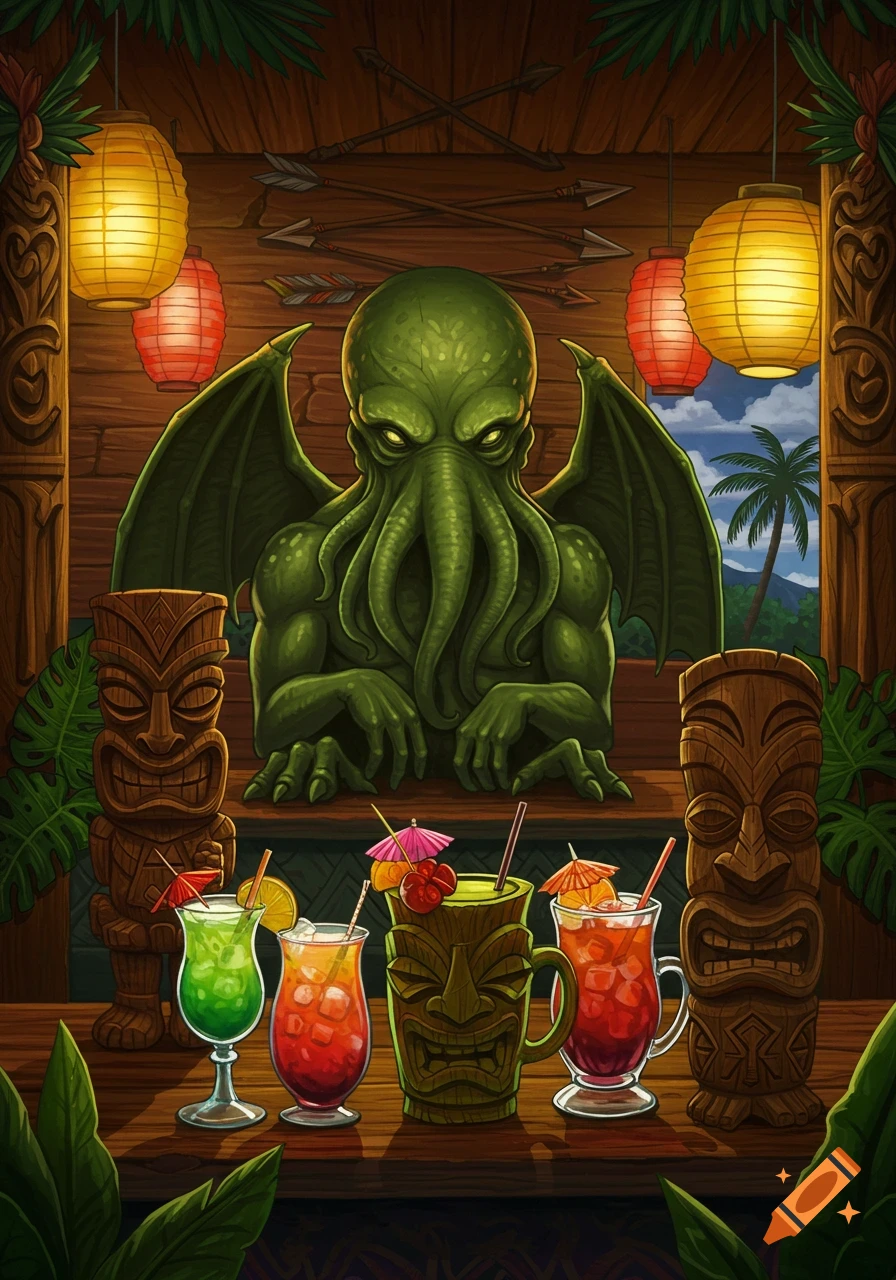 A green Cthulhu creature with tentacles and wings sits behind a tiki bar counter filled with colorful drinks and tiki statues. Arrows are on the wall.