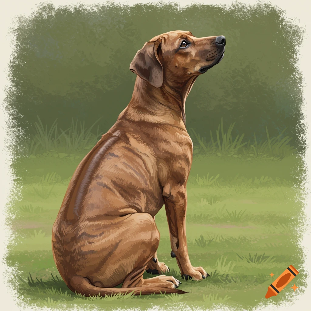A brown Rhodesian Ridgeback dog sits on green grass, looking up, in an illustrative painting style.