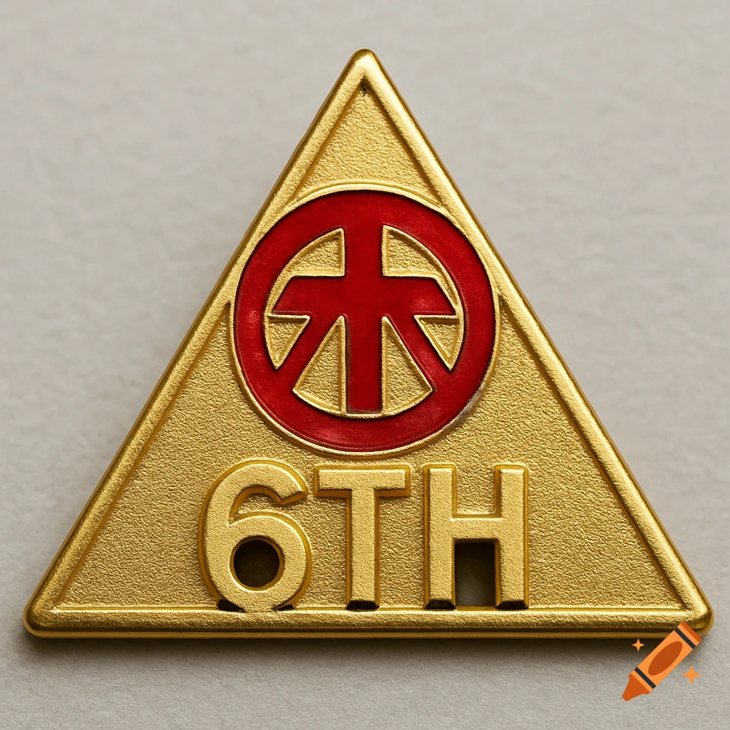 Close-up of a gold triangle lapel pin featuring a red Royal Arch Triple Tau symbol and the text '6TH' at the bottom.