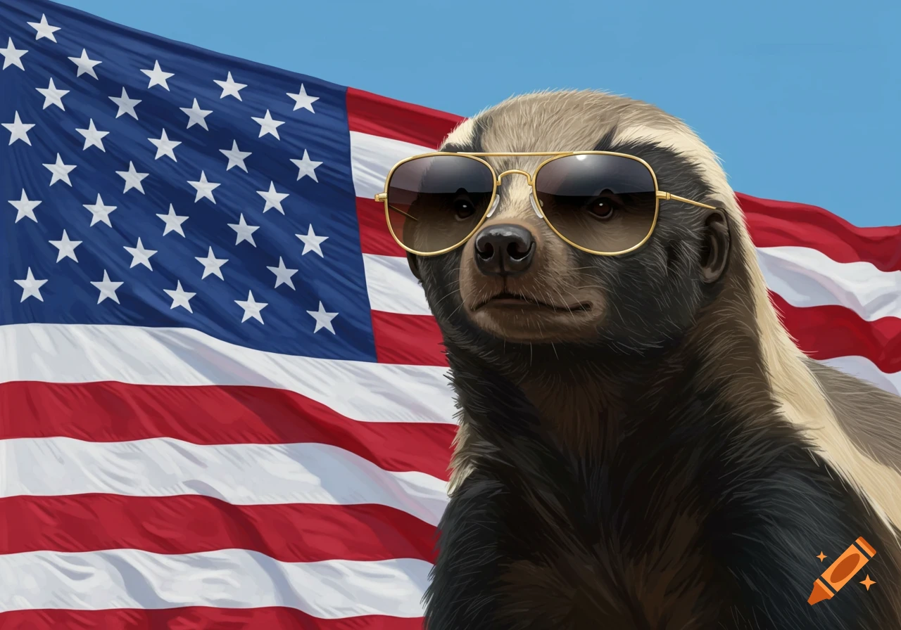 A honey badger wearing aviator sunglasses stands in front of a waving American flag.