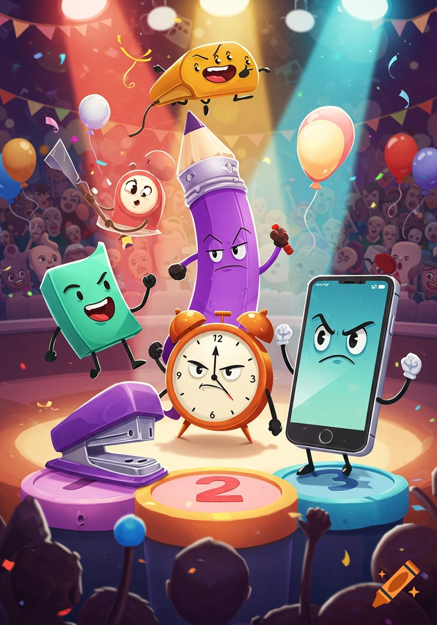 Colorful cartoon illustration of anthropomorphic school supplies and everyday objects, including a purple pencil, a teal eraser, an orange alarm clock, and a grey smartphone, standing on numbered podiums in a brightly lit arena with a cheering crowd.