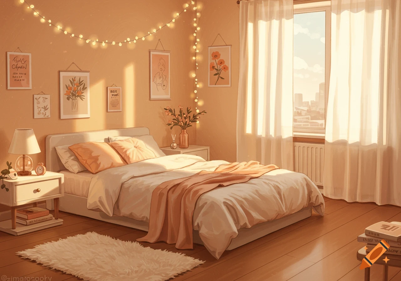 A warm, aesthetic bedroom with string lights, framed art, and a large bed with orange and white bedding, bathed in sunlight. Stylized illustration.
