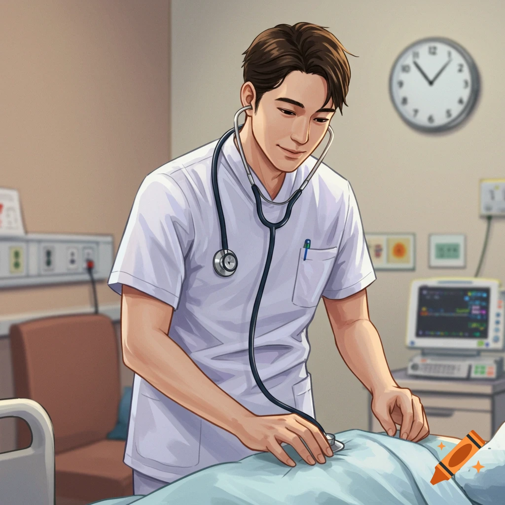 An anime-style male nurse with a stethoscope examines a patient in a hospital room.