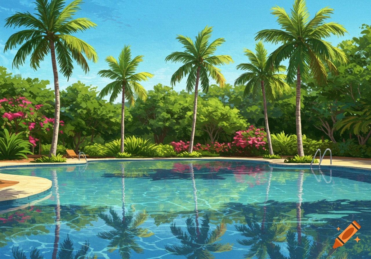 An illustrative image of a serene swimming pool surrounded by lush green tropical trees and pink flowers under a clear blue sky.