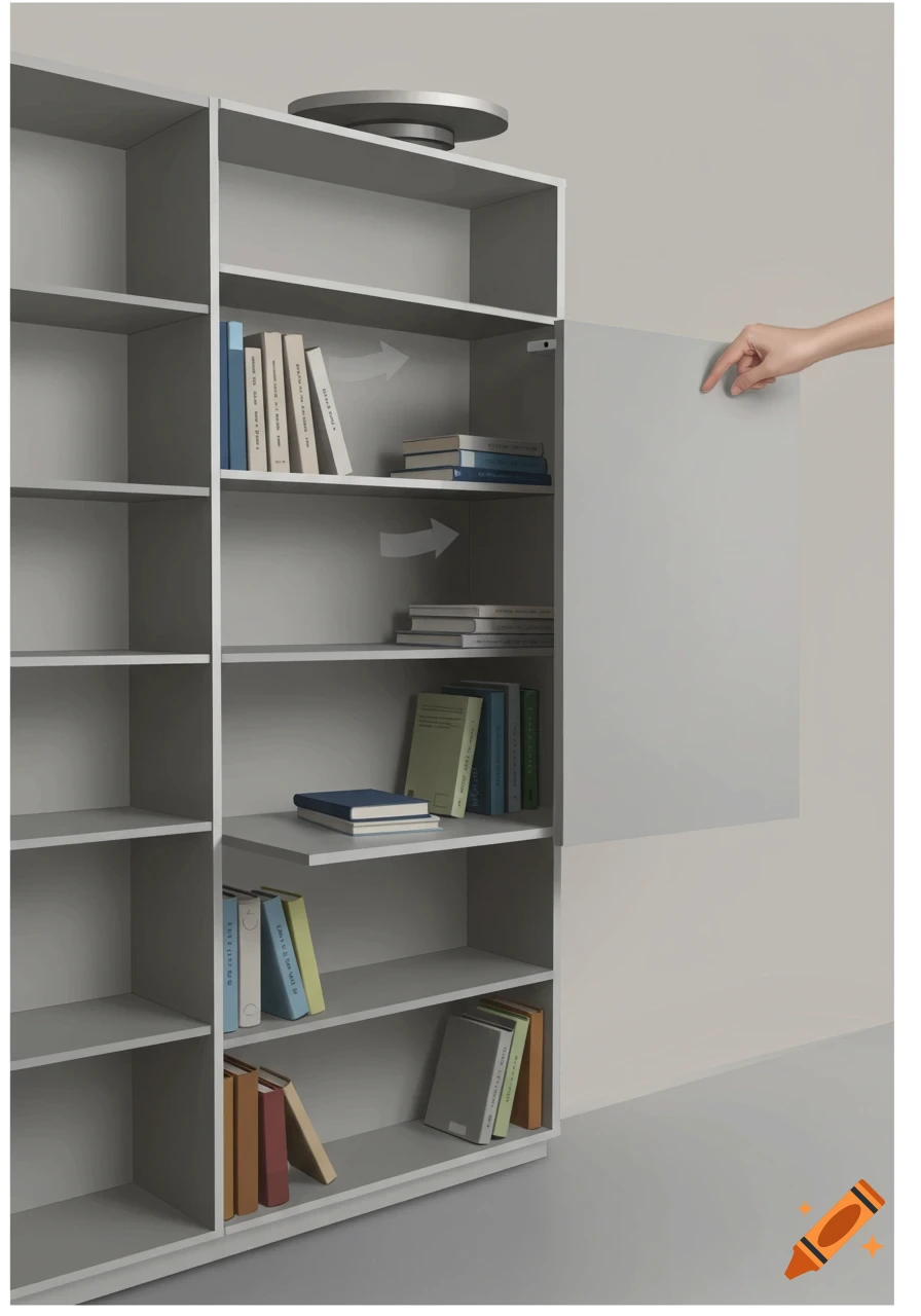 A hand pulls open a hidden compartment in a light grey bookshelf, revealing a rotating mechanism and books.