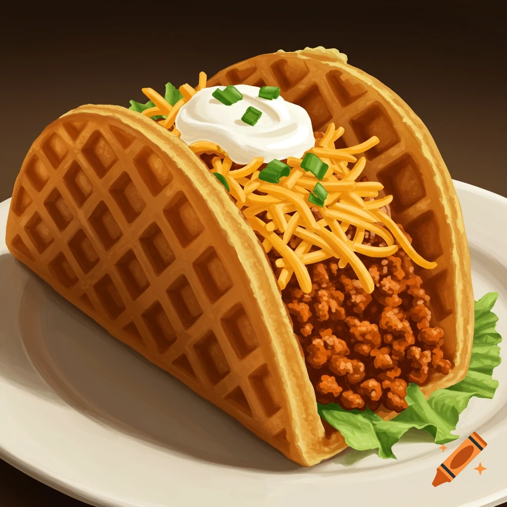 A taco with a waffle shell filled with ground meat, shredded cheese, sour cream, and green onions, served on a white plate.