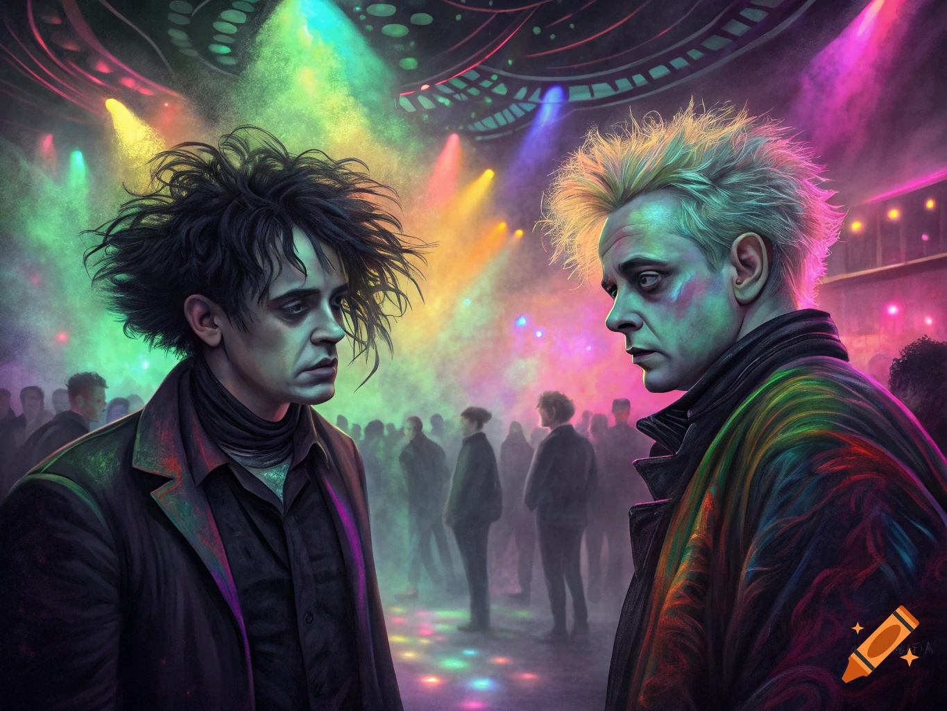 Two men with dramatic hair, one dark and one blonde, face each other in a vibrant, neon-lit club scene.