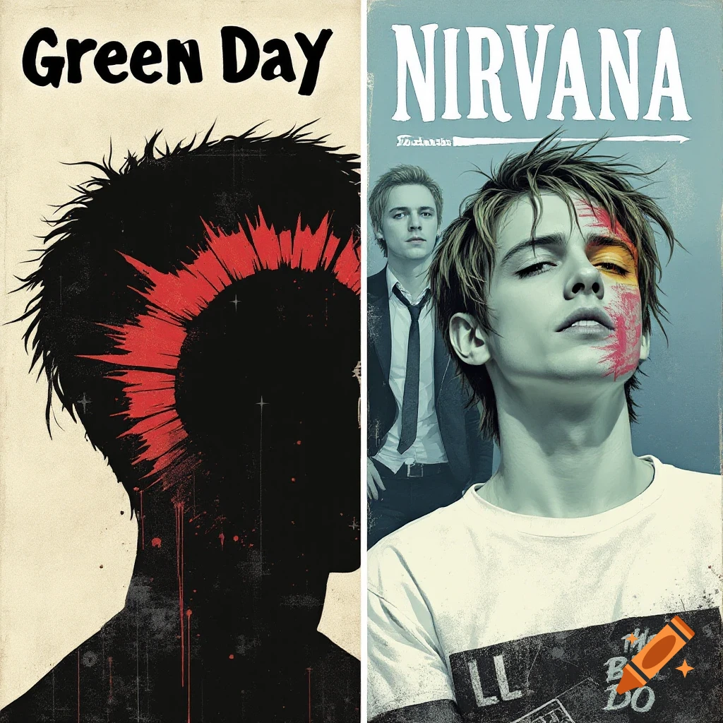 Split album cover with a silhouette and red burst on the left, and a young person with paint on their face on the right, featuring band names.