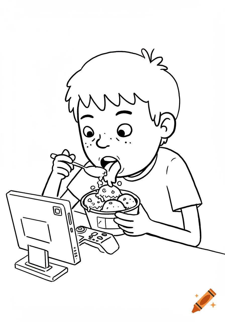 A cartoon boy with freckles greedily eats ice cream from a bowl with a spoon while looking at a computer screen in a black and white line drawing.