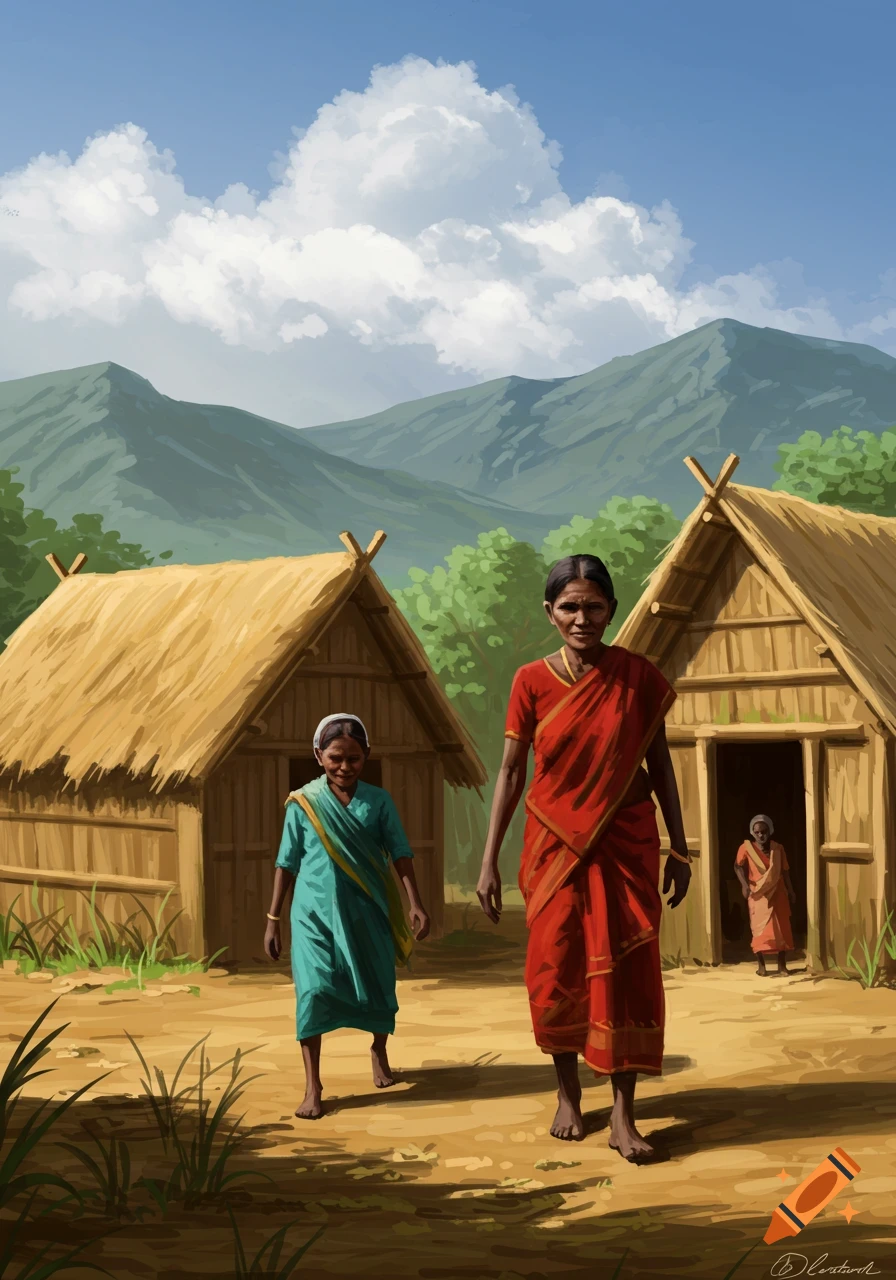 Three women in traditional attire walk through a rural village with straw huts and mountains under a blue sky, digital painting.