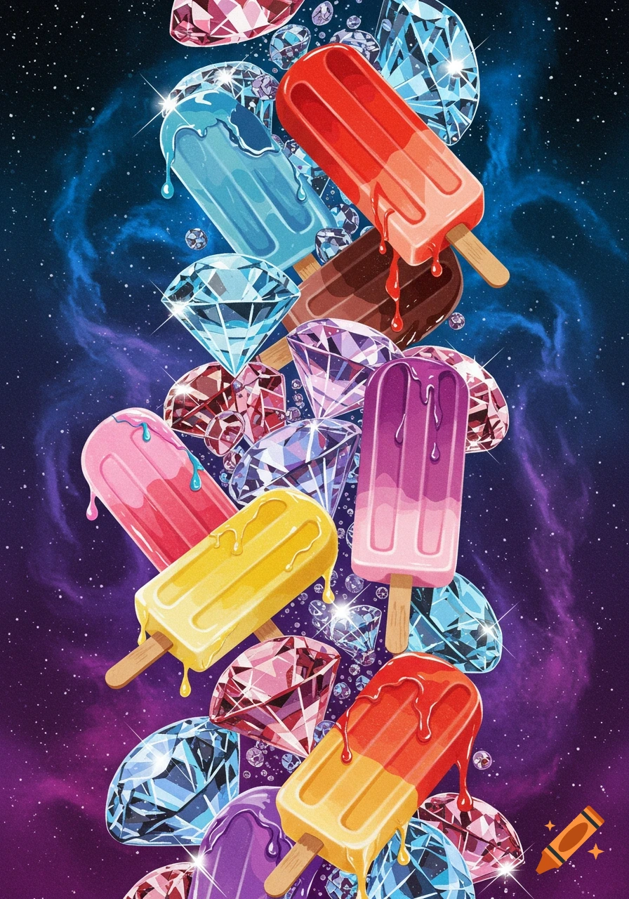 Colorful melting popsicles and sparkling diamonds float through a vibrant blue and purple starry cosmic background.