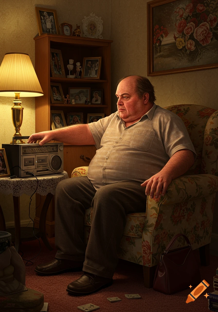 A morbidly obese man sits in an armchair in a dimly lit room, his hand resting on a vintage boombox on a side table.