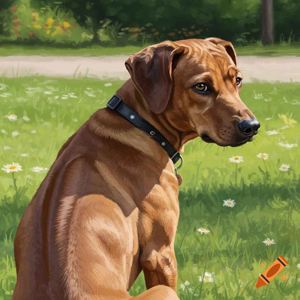 Digital painting of a brown Rhodesian Ridgeback-like dog sitting in a sunny field of green grass and daisies.