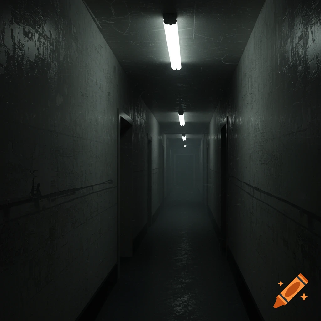 A long, dark, and eerie hallway with fluorescent lights on the ceiling receding into a hazy distance.