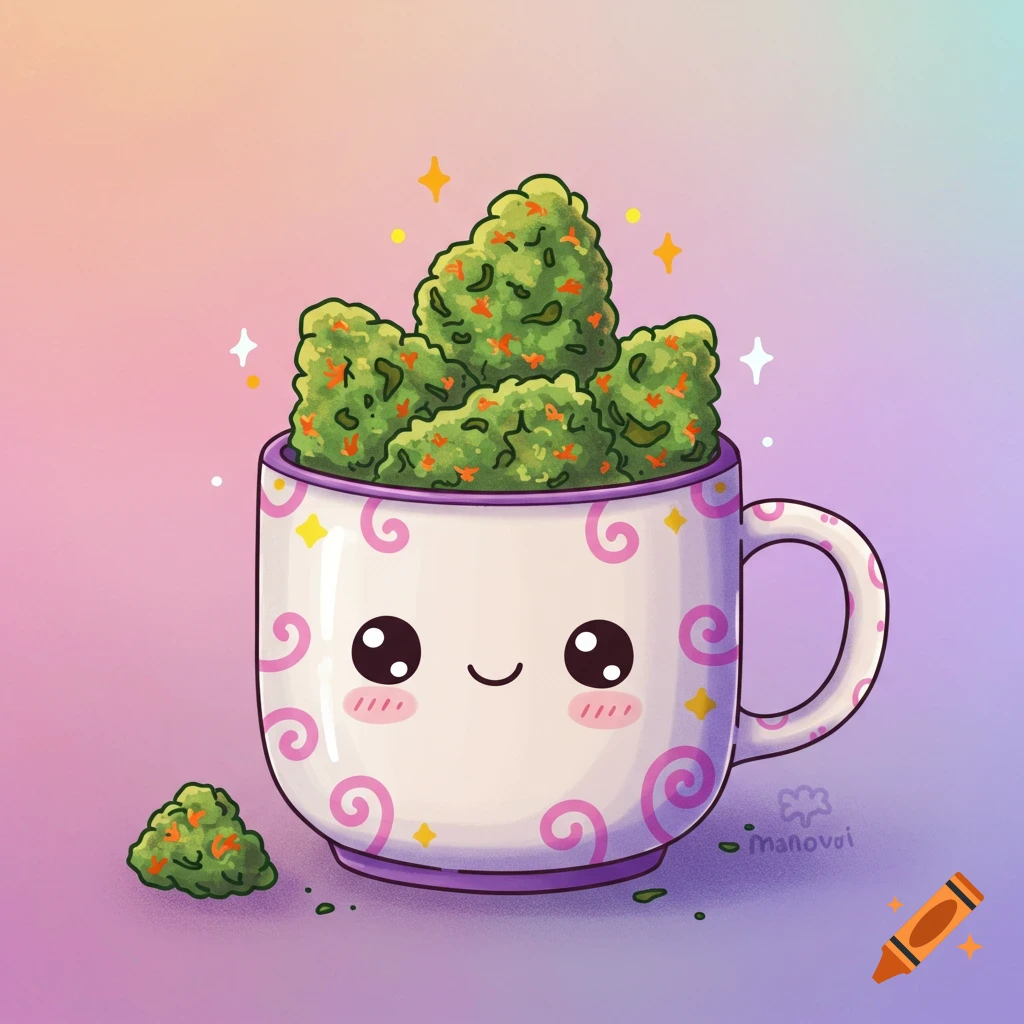 A cute, cartoonish mug with a happy face filled with green cannabis buds, set against a pink and purple background with sparkles.