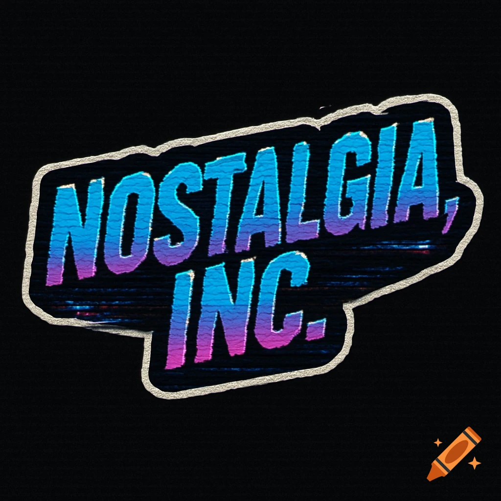 Retro-futuristic 'Nostalgia, Inc.' band logo with blue and pink neon gradients and VHS glitch effects.