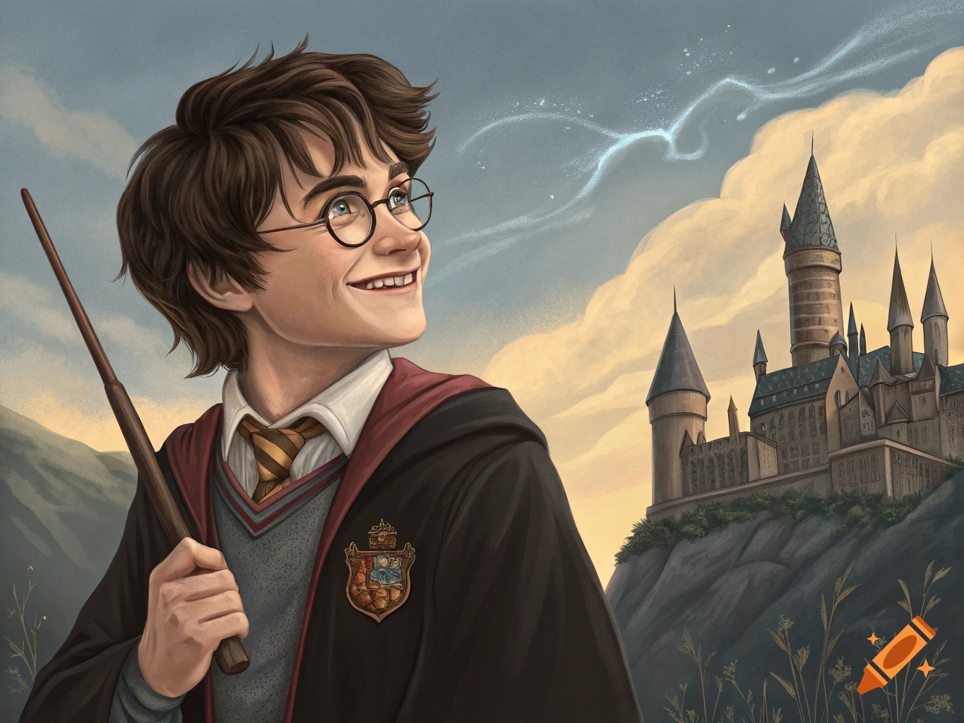 Smiling Harry Potter in uniform holding a wand, with Hogwarts Castle in the background at sunset, digital painting.