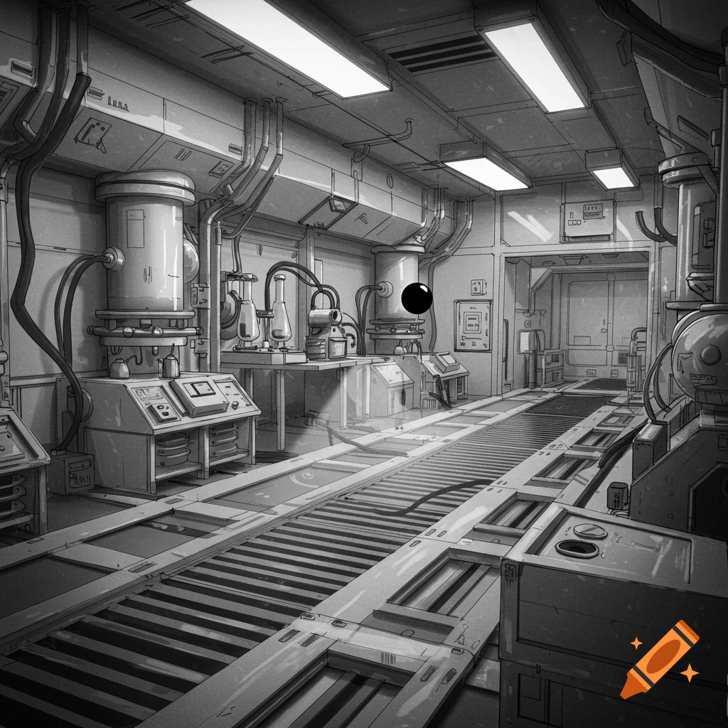 Monochrome illustration of a futuristic science laboratory with complex machinery and a small black sphere floating in the air.
