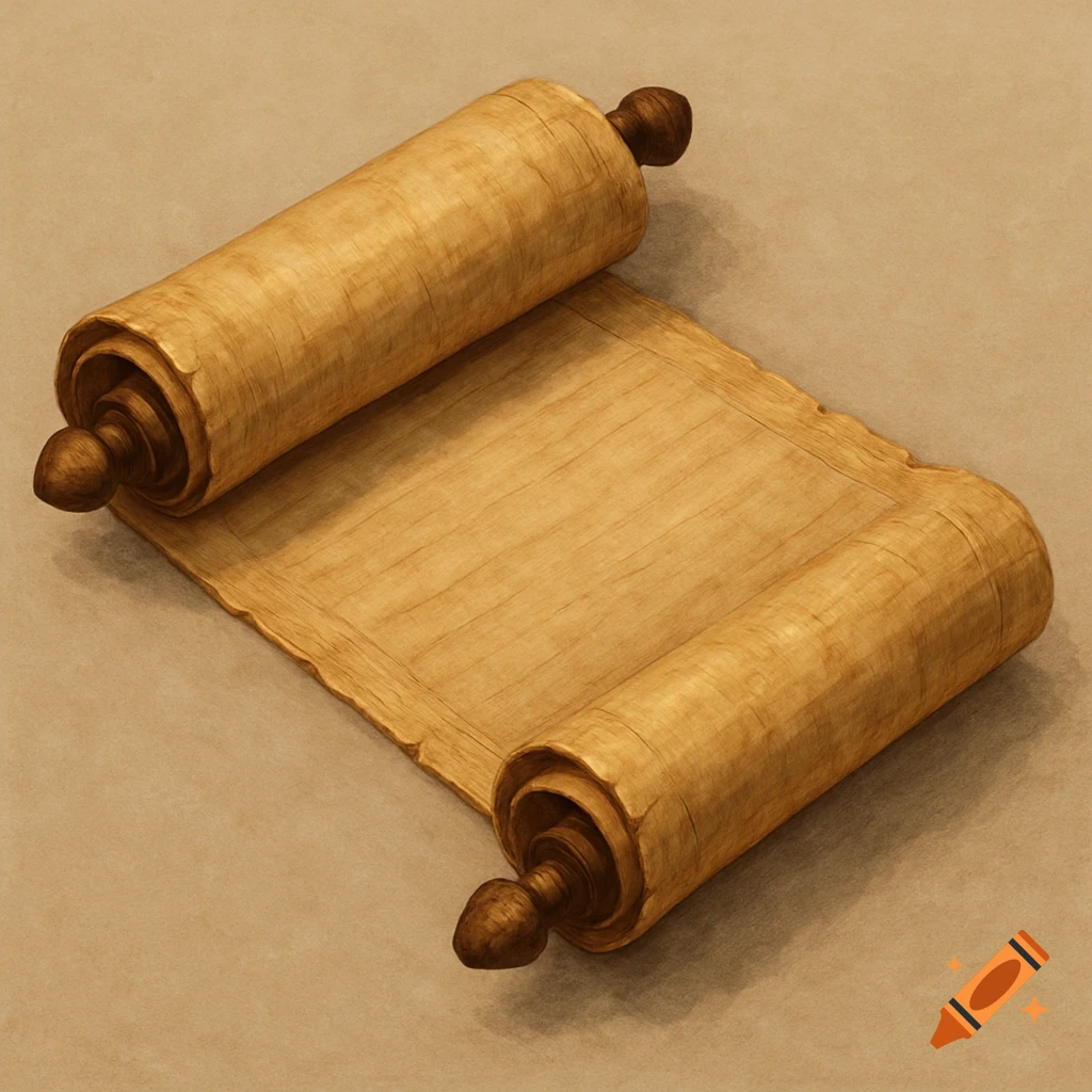An isometric view of a blank, unrolled papyrus scroll with wooden handles, lying on a tan surface.
