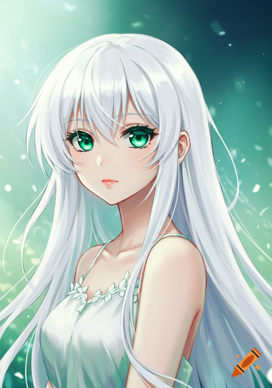 Anime portrait of a girl with long white hair and vibrant emerald green ...