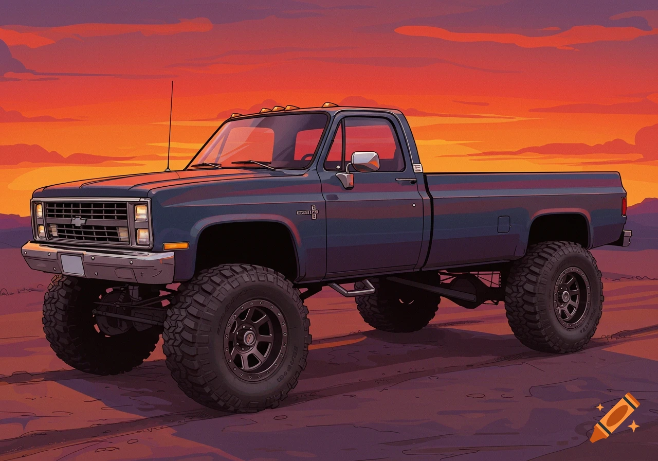 A stylized illustration of a dark blue, lifted vintage Chevrolet K20 pickup truck with large off-road tires, set against a vibrant orange and red sunset.