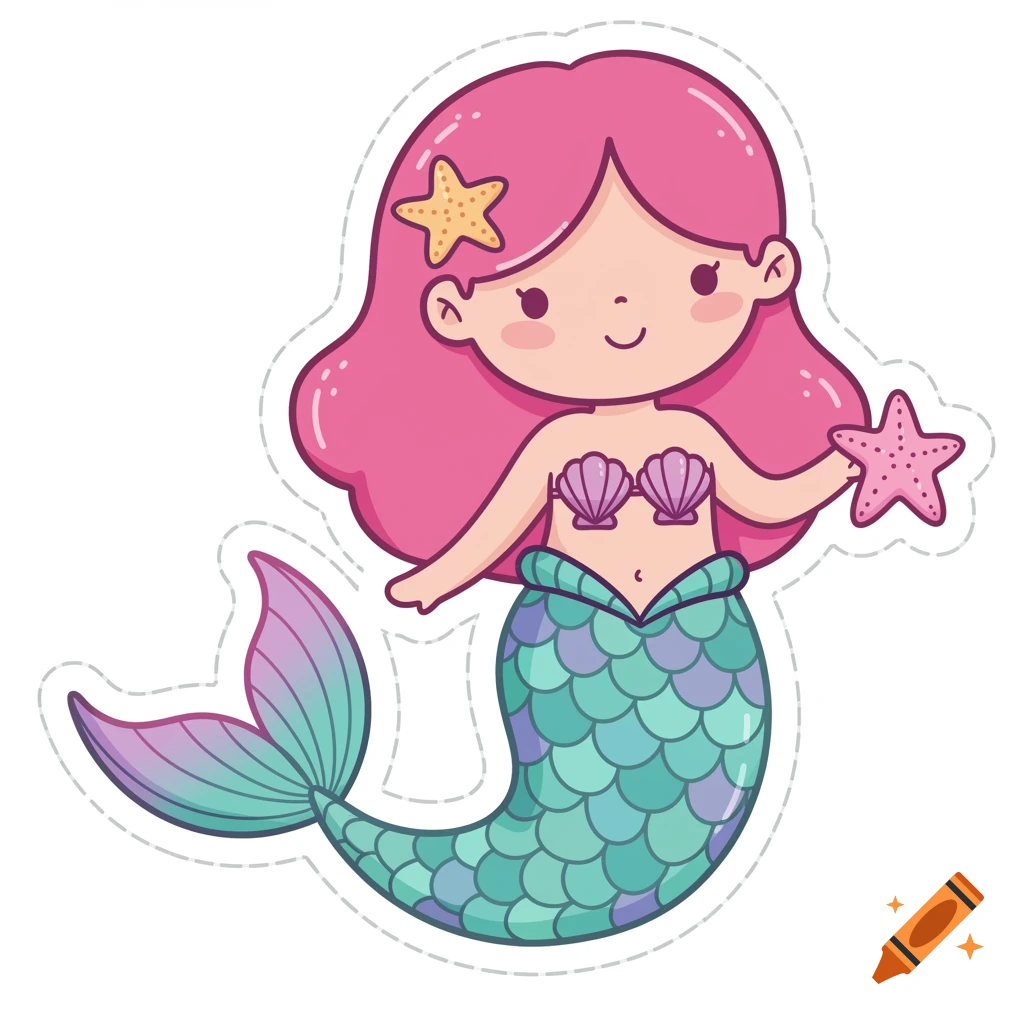 Cute cartoon mermaid sticker with pink hair, a purple shell top, and a green and purple tail, holding a pink starfish.