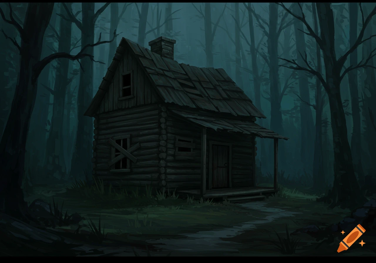 A dilapidated log cabin in a dark, misty forest at night, rendered in a gothic illustration style.